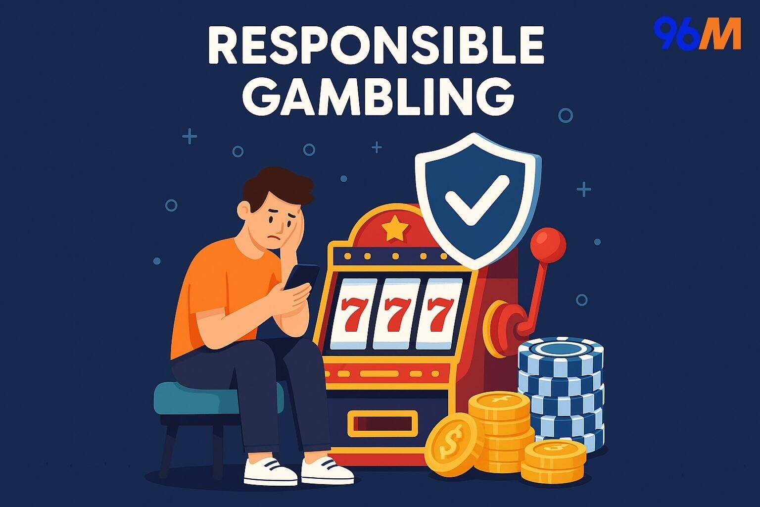 Responsible gambling illustration with casino slot machines, poker chips, and safe play awareness message