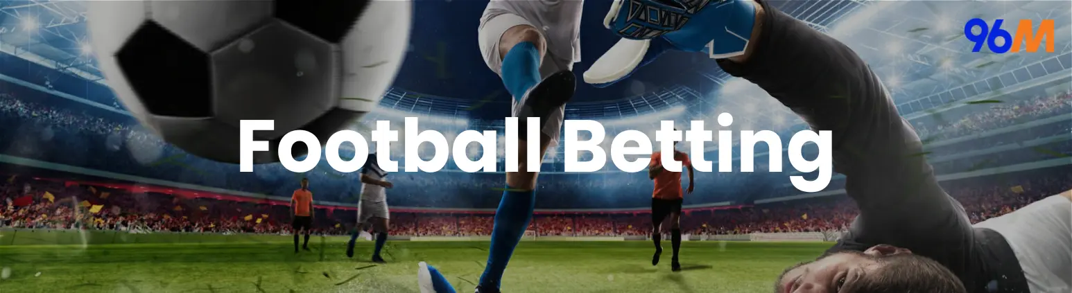 Football betting banner showing a goalkeeper diving to save a goal during a live match on 96M sportsbook
