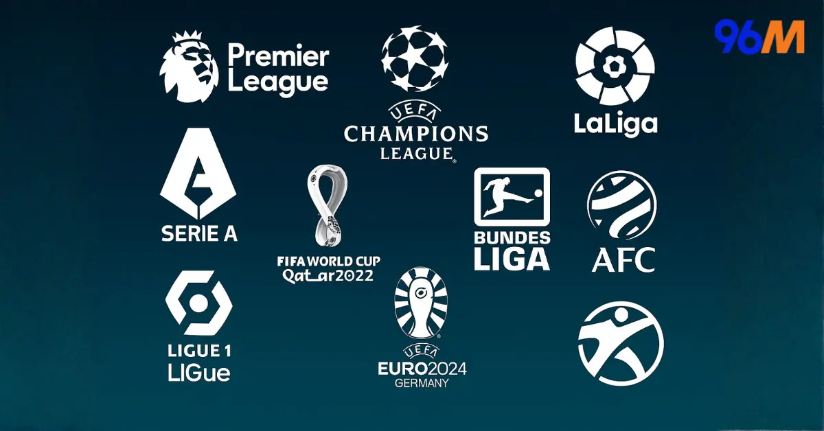 Logos of major football leagues and tournaments available for betting on 96M sportsbook including Premier League, UEFA Champions League, LaLiga, Serie A, Bundesliga, and FIFA World Cup
