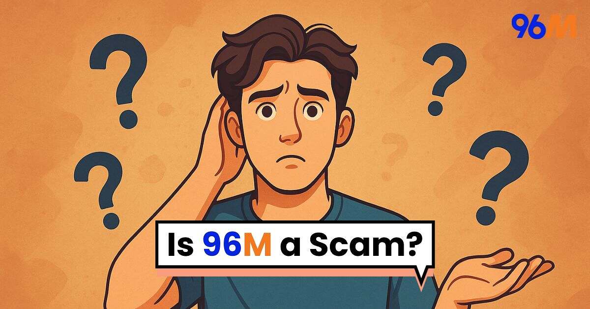 Confused man illustration questioning if 96M casino is a scam or legit