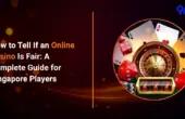 Guide for Singapore players on identifying fair online casinos featuring roulette wheel, dice, cards, and slot icons on 96M