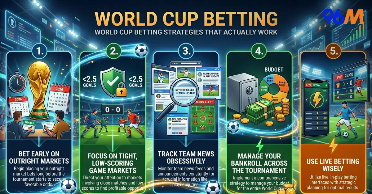 An infographic showing 5 World Cup 2026 betting strategies for Singapore bettors including outright markets, low-scoring games, team news tracking, bankroll management, and live betting